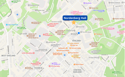 Map of Oakland with Nordenberg Hall marked with star