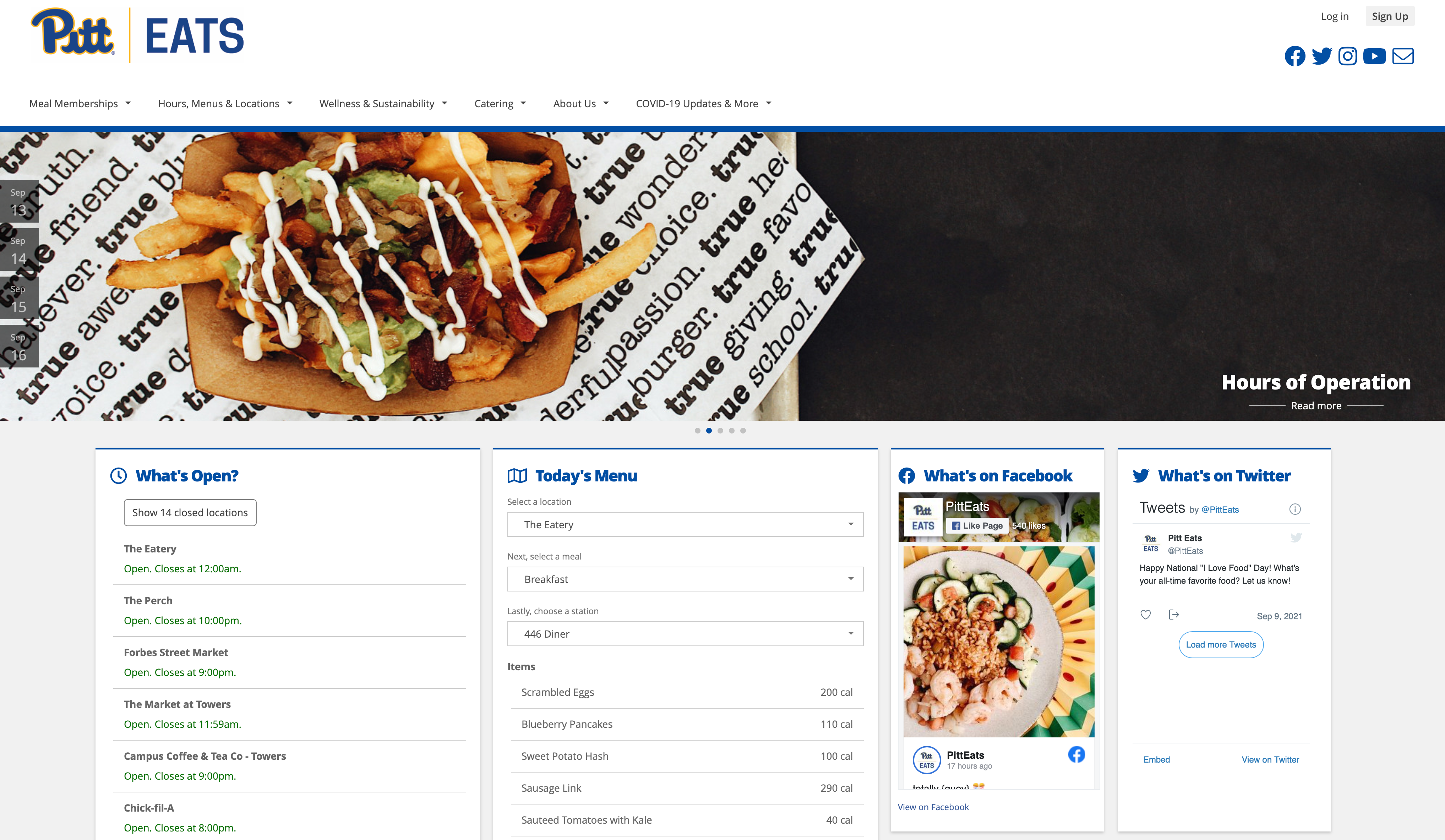 Screenshot of the home page of the Pitt Dine On Campus website. 