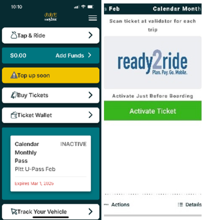 App showing screen with monthly pass and activate ticket