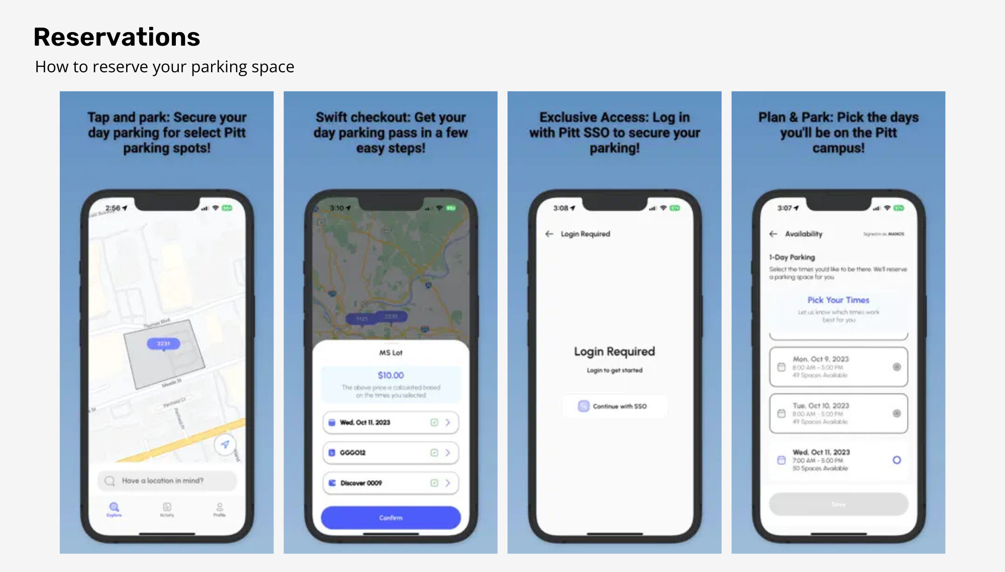 User flow to make a reservation in the Pitt Park App